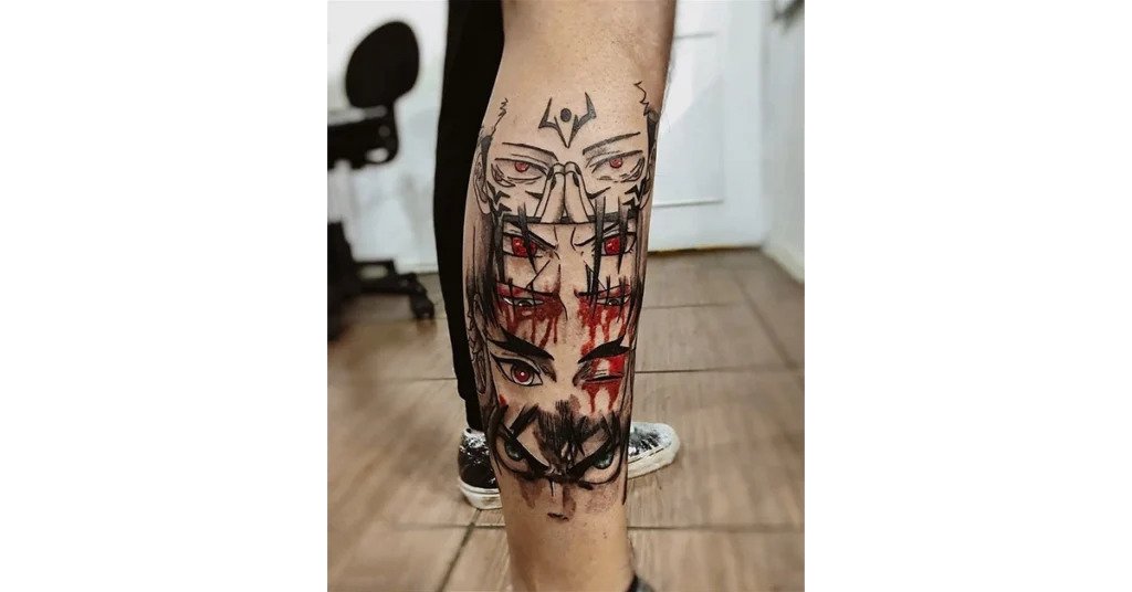 Spltit faces tattoo leg