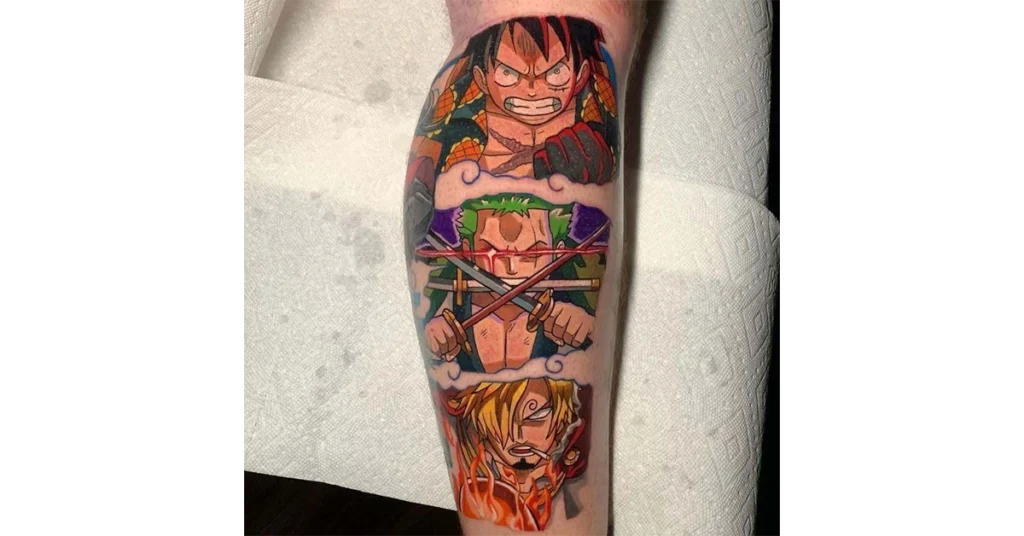 One Piece Ruffy, Zorro and Sanji tattoo leg