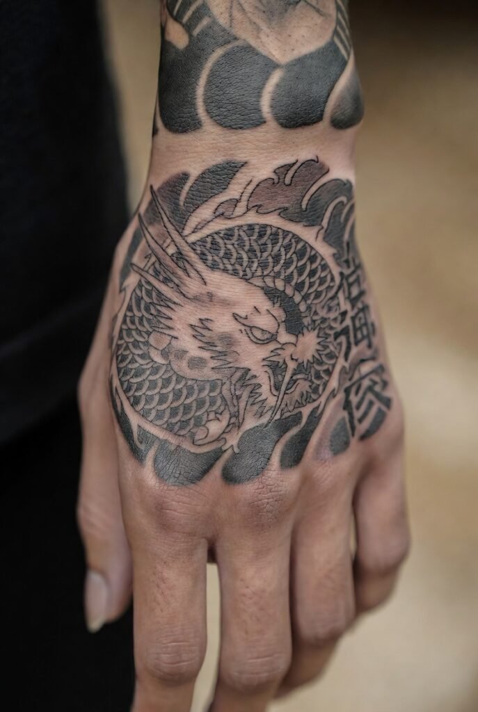 20+ Best Japanese Hand Tattoos: My Personal Favorites 2026 14 A photograph of a hand with a detailed Japanese tattoo, featuring a dragon and floral patterns, in a blurred indoor setting.