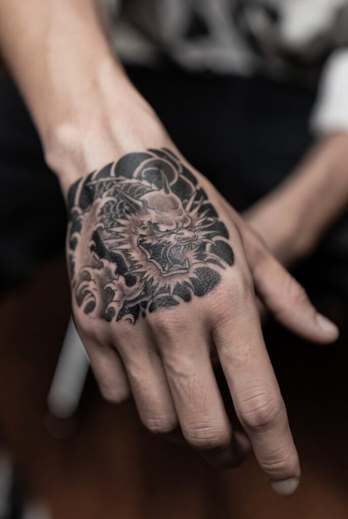 20+ Best Japanese Hand Tattoos: My Personal Favorites 2026 15 A close-up photograph of a hand with a Japanese-style tattoo, emphasizing intricate design in a blurred indoor setting.