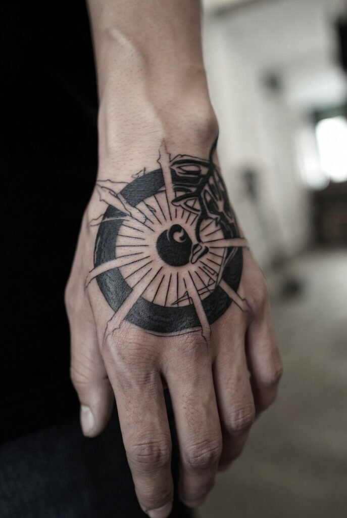 20+ Best Japanese Hand Tattoos: My Personal Favorites 2026 4 A detailed image of a hand featuring a Japanese-style tattoo with dragons and floral elements, placed in a blurred indoor scene.