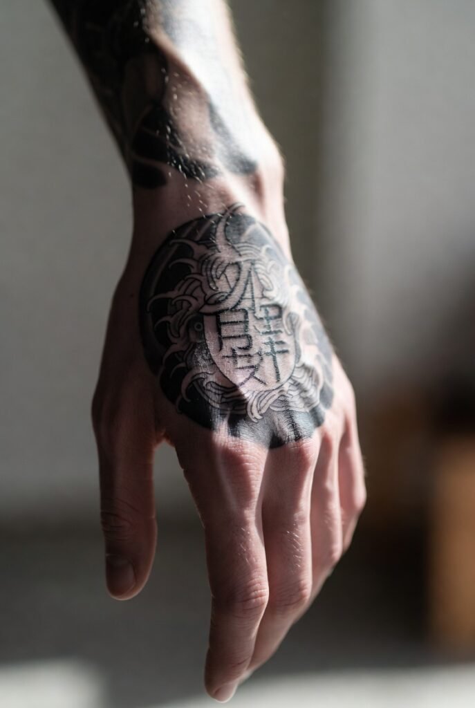 20+ Best Japanese Hand Tattoos: My Personal Favorites 2026 7 A photo of a hand covered with an intricate Japanese dragon and flower tattoo, set within a blurred indoor space.