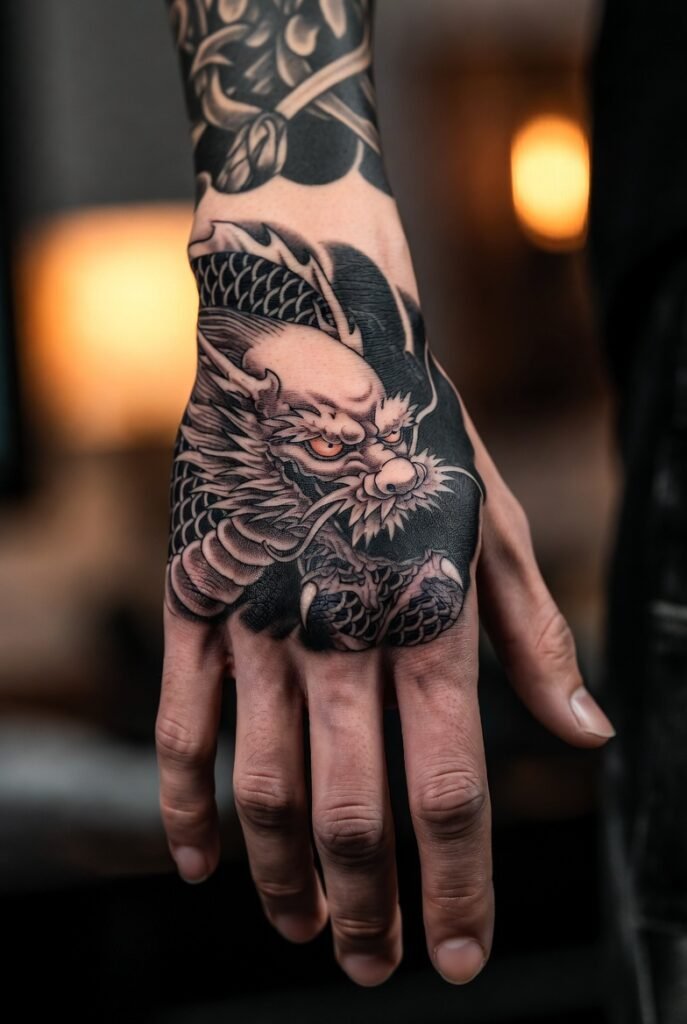 20+ Best Japanese Hand Tattoos: My Personal Favorites 2026 3 A photograph capturing a tattooed hand with intricate Japanese dragon and flower designs, shown in a defocused indoor environment.#