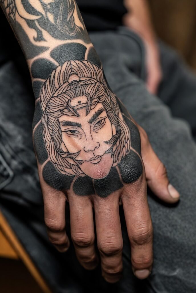 20+ Best Japanese Hand Tattoos: My Personal Favorites 2026 11 A tattooed hand with Japanese dragon and floral artwork, photographed indoors with the background intentionally blurred.