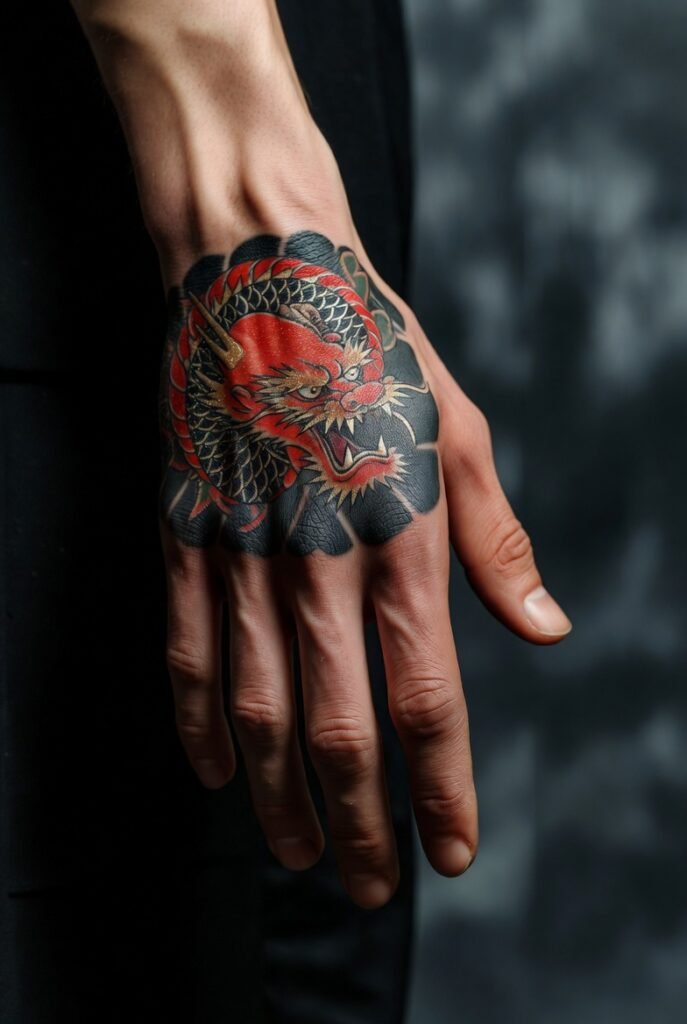 20+ Best Japanese Hand Tattoos: My Personal Favorites 2026 13 A photo highlighting a Japanese-style dragon and floral tattoo on a hand, set in a defocused indoor backdrop.