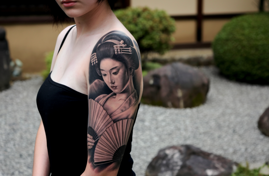 A photo of a Japanese woman with an ultra-realistic tattoo of a geisha. The tattoo covers her arm and shoulder, and is in black and grey. The geisha is holding a fan and has a serene expression. The background is blurred and consists of a traditional Japanese garden with rocks, gravel, and greenery.