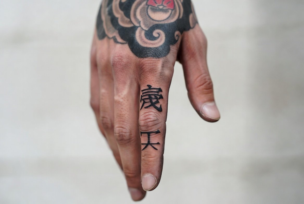 A Japanese hand with a triggerfinger tattoo, captured with a shallow depth of field emphasizing the tattoo.