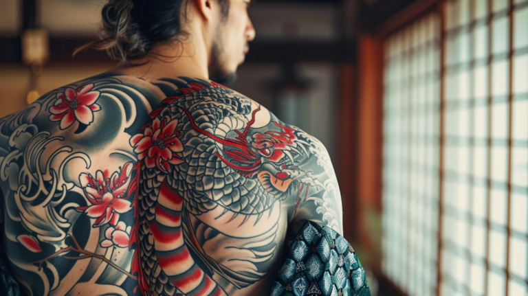 AI Art Generator: Tattoo sketch for a whole back piece japan style yakuza  inspiration and Oda Nobunaga samurai warrior with sword and temple and  flowers with Japanese sun
