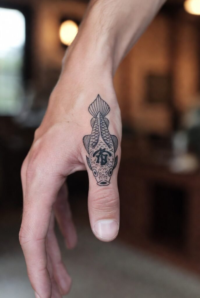 A photograph of a Japanese hand showing a bold triggerfinger tattoo, sharply focused on the tattoo design.