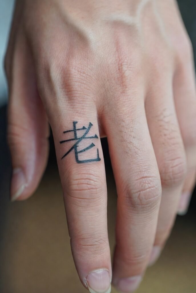 A cinematic close-up of a Japanese hand with a triggerfinger tattoo, spotlight on the ink.