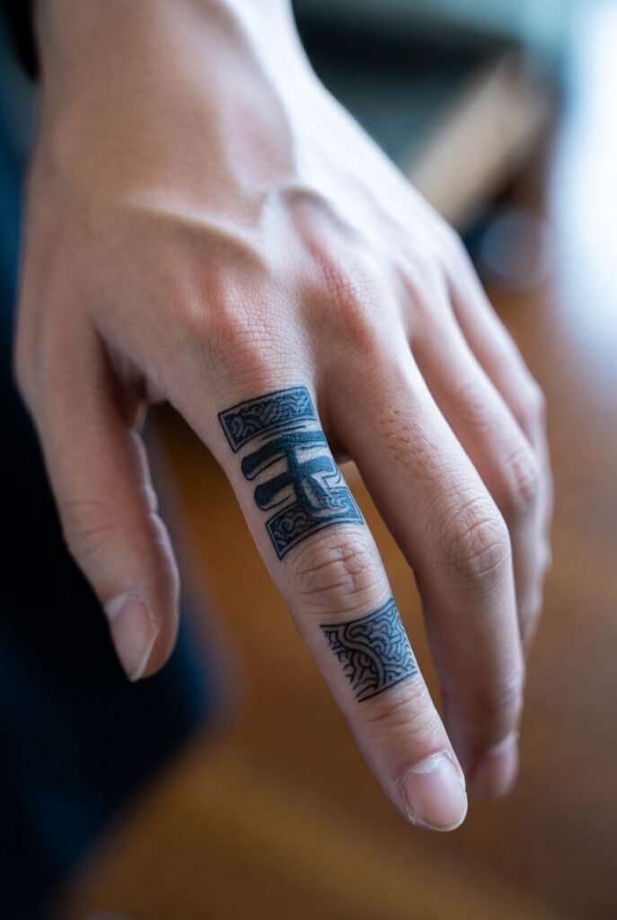 A Japanese hand featuring a bold triggerfinger tattoo, photographed with crisp focus on the tattoo.