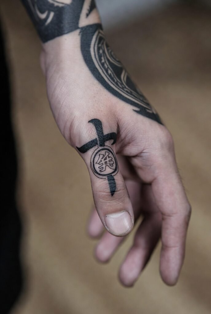 A macro shot of a Japanese hand revealing a triggerfinger tattoo, the design sharply highlighted.