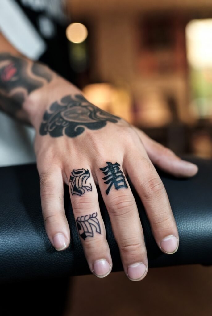 A Japanese hand with a triggerfinger tattoo, captured in high detail with focus solely on the artwork.