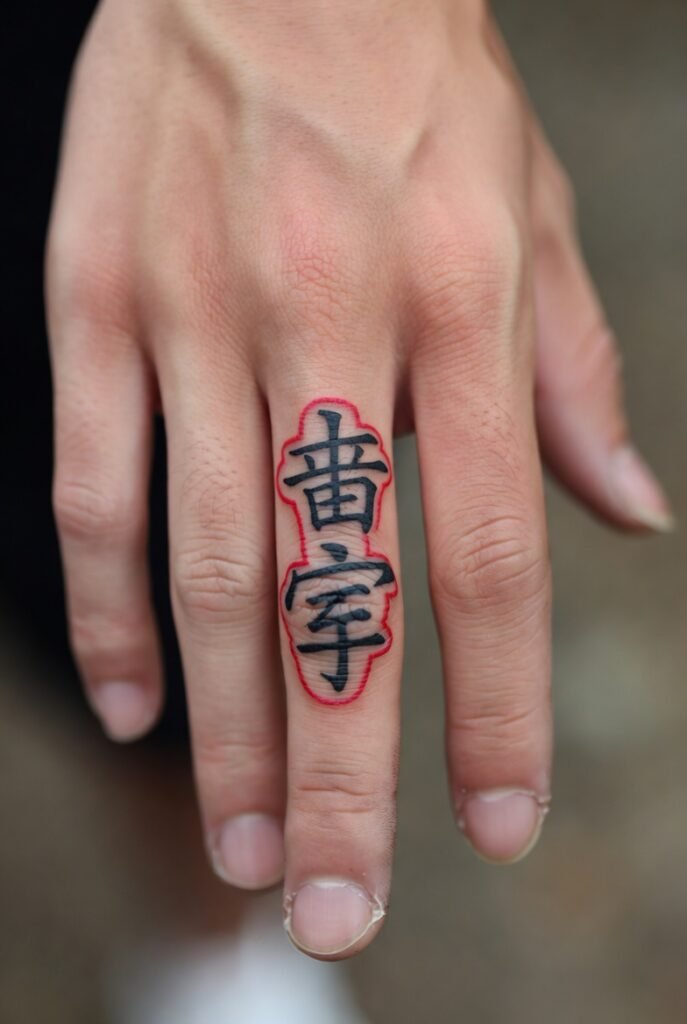 A Japanese hand with an ornate triggerfinger tattoo, shown in tight focus on the ink.