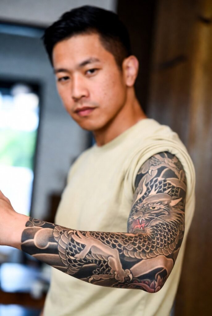 20+ Japanese Tattoos for Men: Discover the Bold and Intricate Designs 2026 2 A Japanese man wearing a t-shirt, showcasing an arm tattoo with the focus on the ink.
