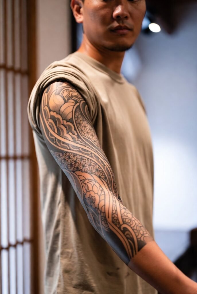 20+ Japanese Tattoos for Men: Discover the Bold and Intricate Designs 2026 3 A portrait of a Japanese man in a t-shirt, his detailed arm tattoo captured in sharp focus.