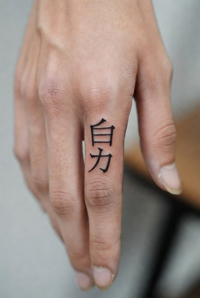 A Japanese hand adorned with a triggerfinger tattoo, captured with emphasis on the tattoo.