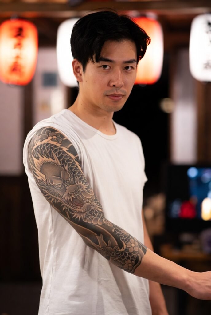 20+ Japanese Tattoos for Men: Discover the Bold and Intricate Designs 2026 6 A Japanese man wearing a simple t-shirt, with the arm tattoo as the primary focal point.