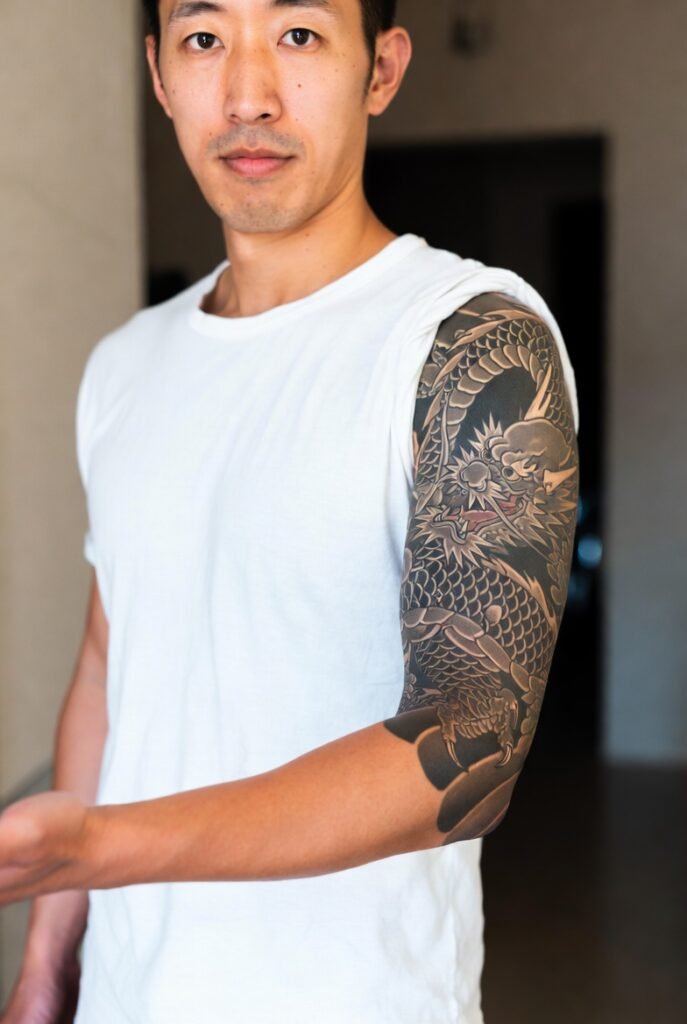 20+ Japanese Tattoos for Men: Discover the Bold and Intricate Designs 2026 8 A Japanese man in a t-shirt, his arm tattoo rendered in precise, sharp detail.