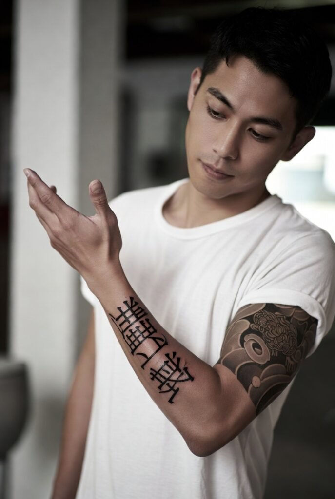 20+ Japanese Tattoos for Men: Discover the Bold and Intricate Designs 2026 9 A portrait of a Japanese man wearing a t-shirt, with strong focus on his tattooed arm.