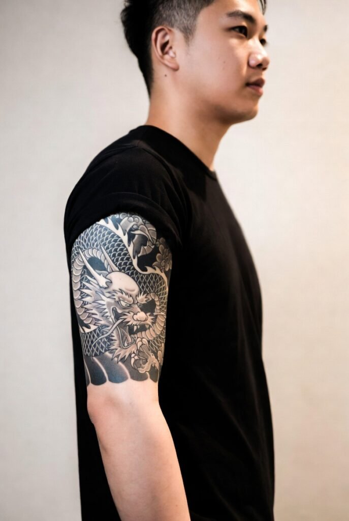 20+ Japanese Tattoos for Men: Discover the Bold and Intricate Designs 2026 11 A close-up image of a Japanese man in a t-shirt, featuring a detailed arm tattoo in focus.