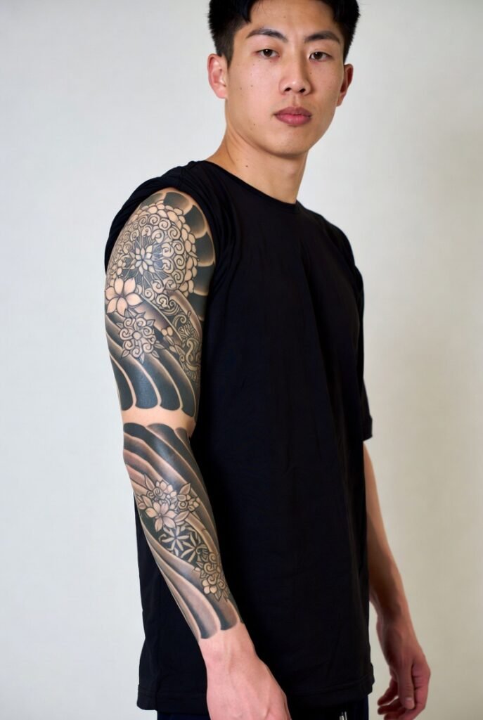 20+ Japanese Tattoos for Men: Discover the Bold and Intricate Designs 2026 13 A Japanese man in a t-shirt, captured with attention drawn to his tattooed arm.
