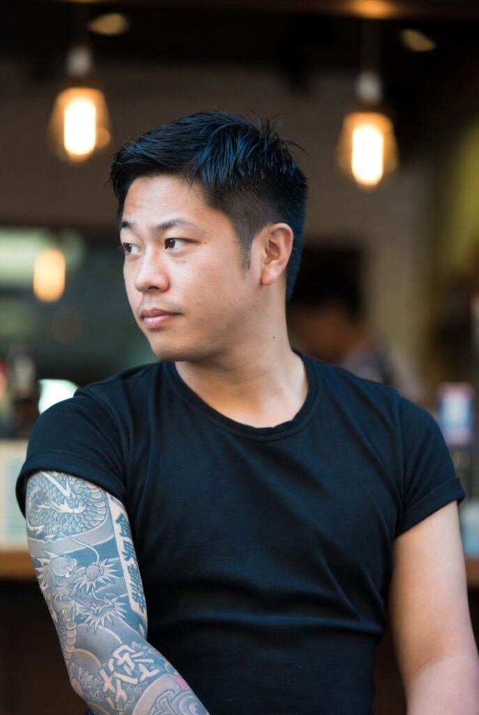 20+ Japanese Tattoos for Men: Discover the Bold and Intricate Designs 2026 14 A Japanese man wearing a t-shirt, shown with a sharp focus on the tattoo on his arm.