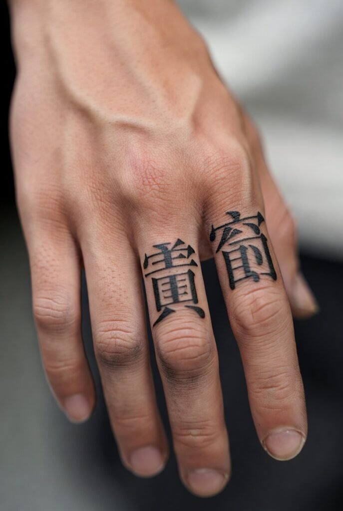A close-up shot highlighting a triggerfinger tattoo on a Japanese hand, the ink in crisp focus.