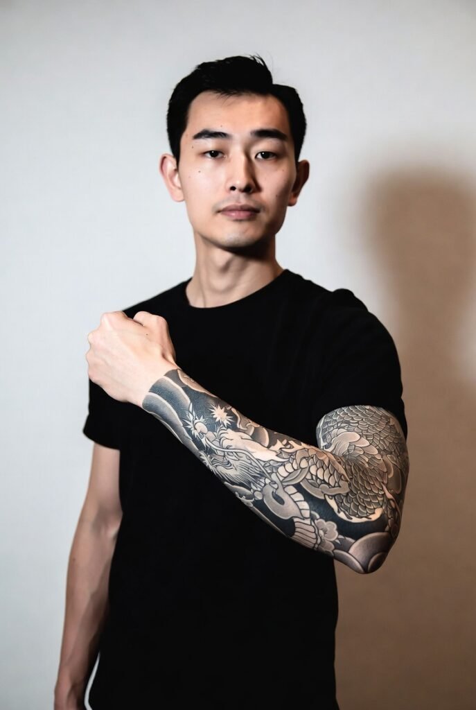 20+ Japanese Tattoos for Men: Discover the Bold and Intricate Designs 2026 18 A cinematic shot of a Japanese man in a t-shirt, focusing entirely on his arm tattoo.