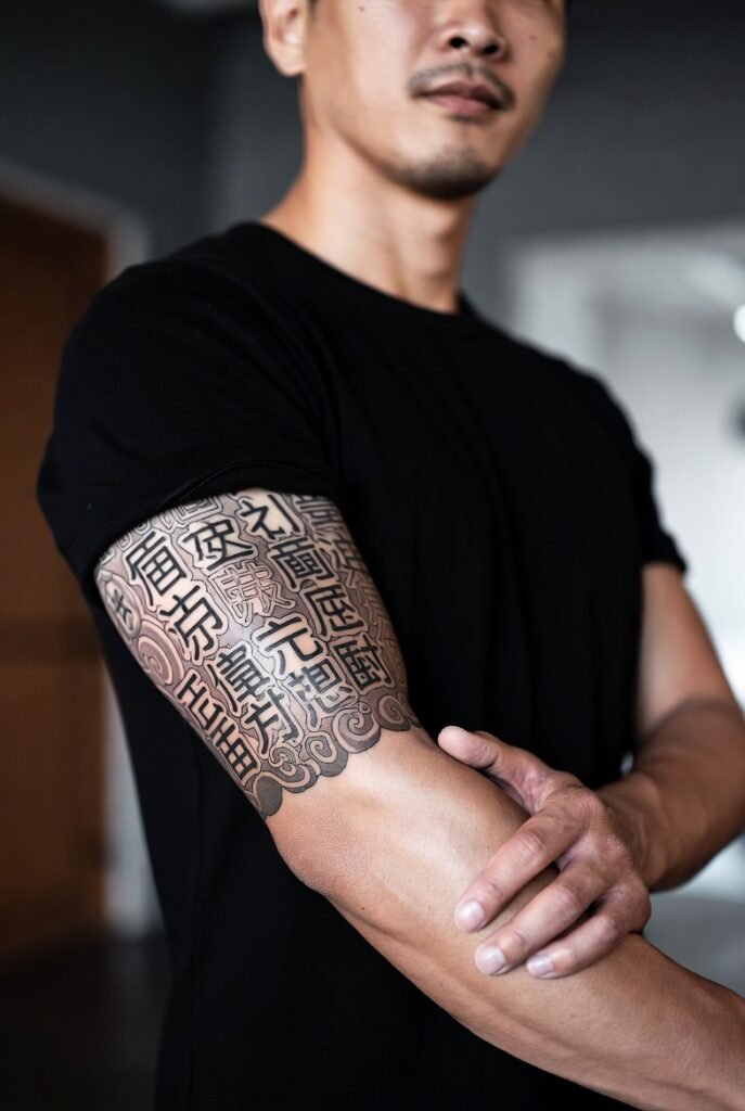 20+ Japanese Tattoos for Men: Discover the Bold and Intricate Designs 2026 19 A Japanese man in a t-shirt, his tattooed arm shown in crisp, high-detail focus.