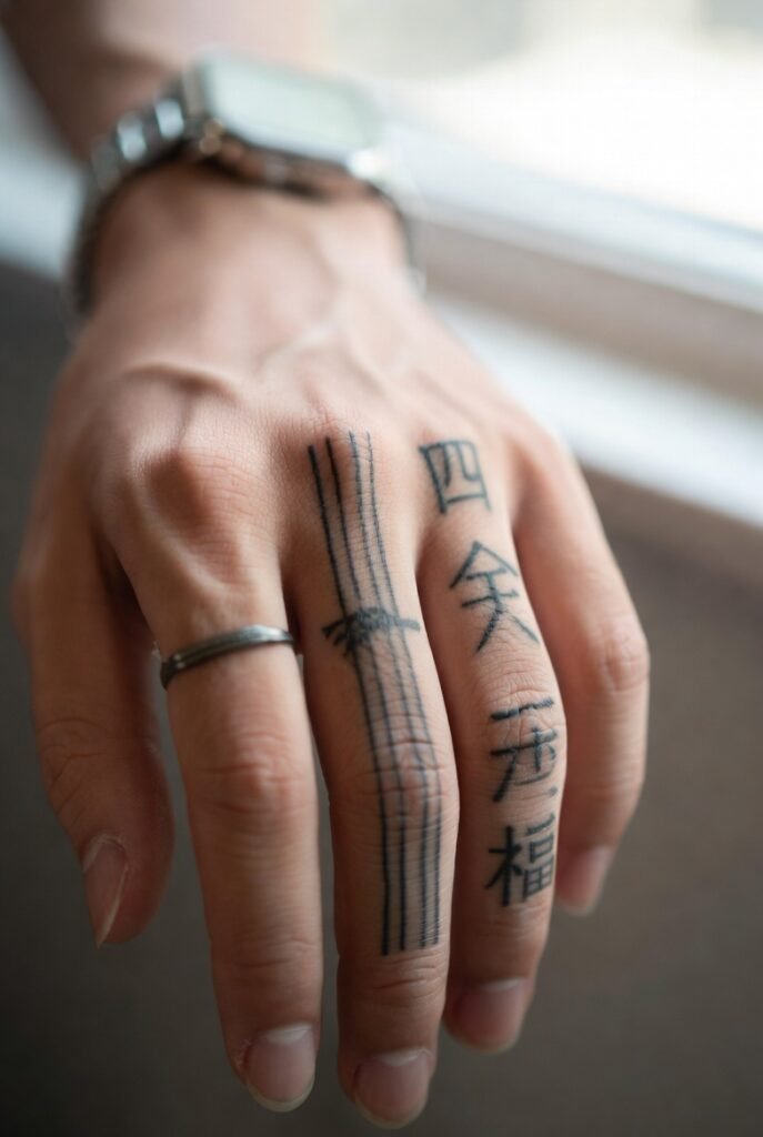A Japanese hand with an intricate triggerfinger tattoo, photographed with the tattoo as the main focal point.