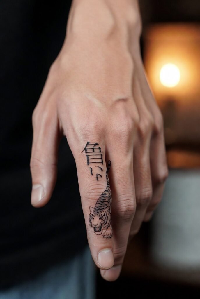 A detailed image of a Japanese hand displaying a triggerfinger tattoo, with attention directed to the artwork.