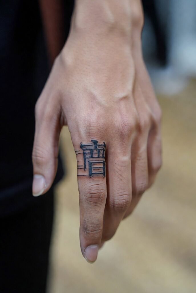 A stylized shot of a Japanese hand featuring a triggerfinger tattoo, focus drawn entirely to the tattoo.