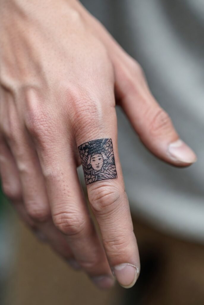 A close-up of a Japanese hand featuring a detailed triggerfinger tattoo, with the focus centered on the ink.