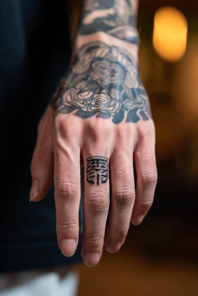 A Japanese hand with a finely shaded triggerfinger tattoo, captured in sharp focus.