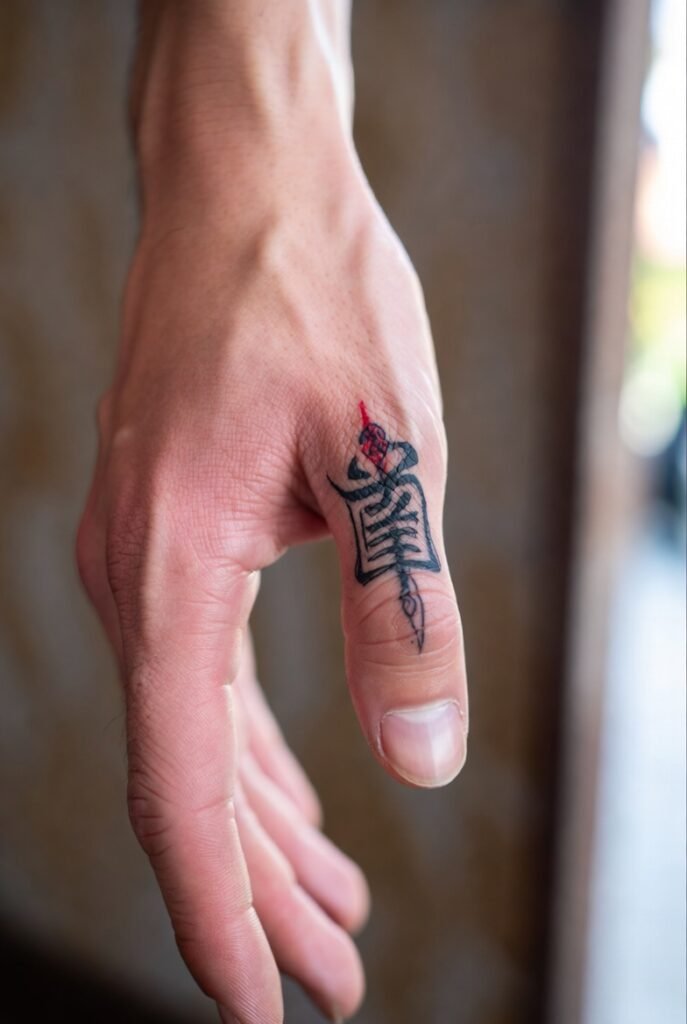 A Japanese hand showcasing a triggerfinger tattoo, framed with clear emphasis on the tattoo detail.