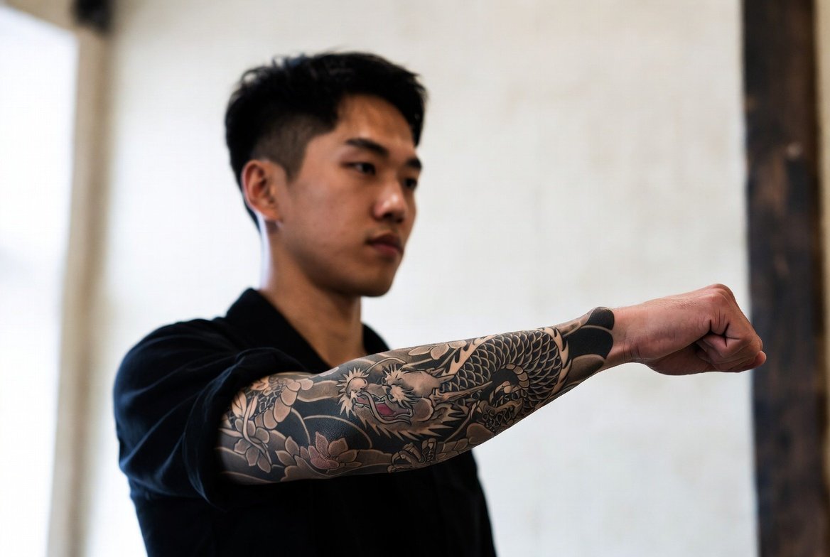 20+ Japanese Tattoos for Men: Discover the Bold and Intricate Designs 2026 1 A Japanese man wearing a t-shirt, photographed so that his arm tattoo stands out clearly.