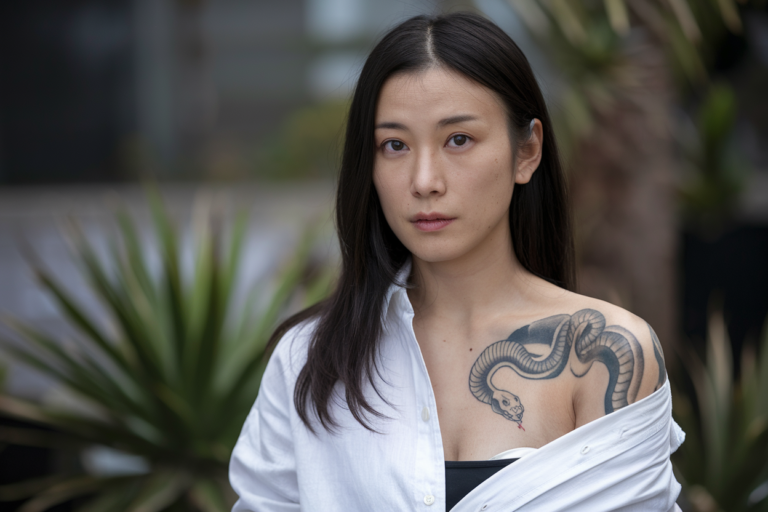 A photo of a Japanese woman with a medium shot. She has long black hair and wears a white shirt. There is a large snake tattoo on her upper arm. The background is blurred and consists of plants.