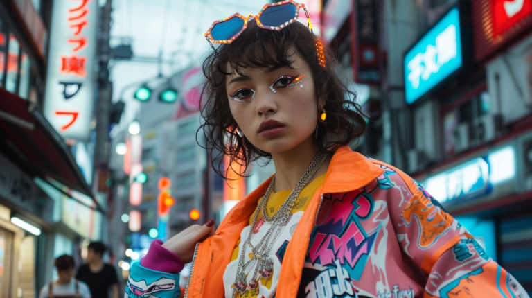 80's Japan Fashion with a japanese woman in coll orange jacket with sunglasses looking to the camera