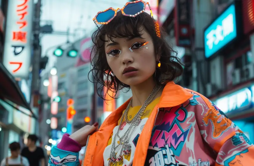 80's Japan Fashion with a japanese woman in coll orange jacket with sunglasses looking to the camera