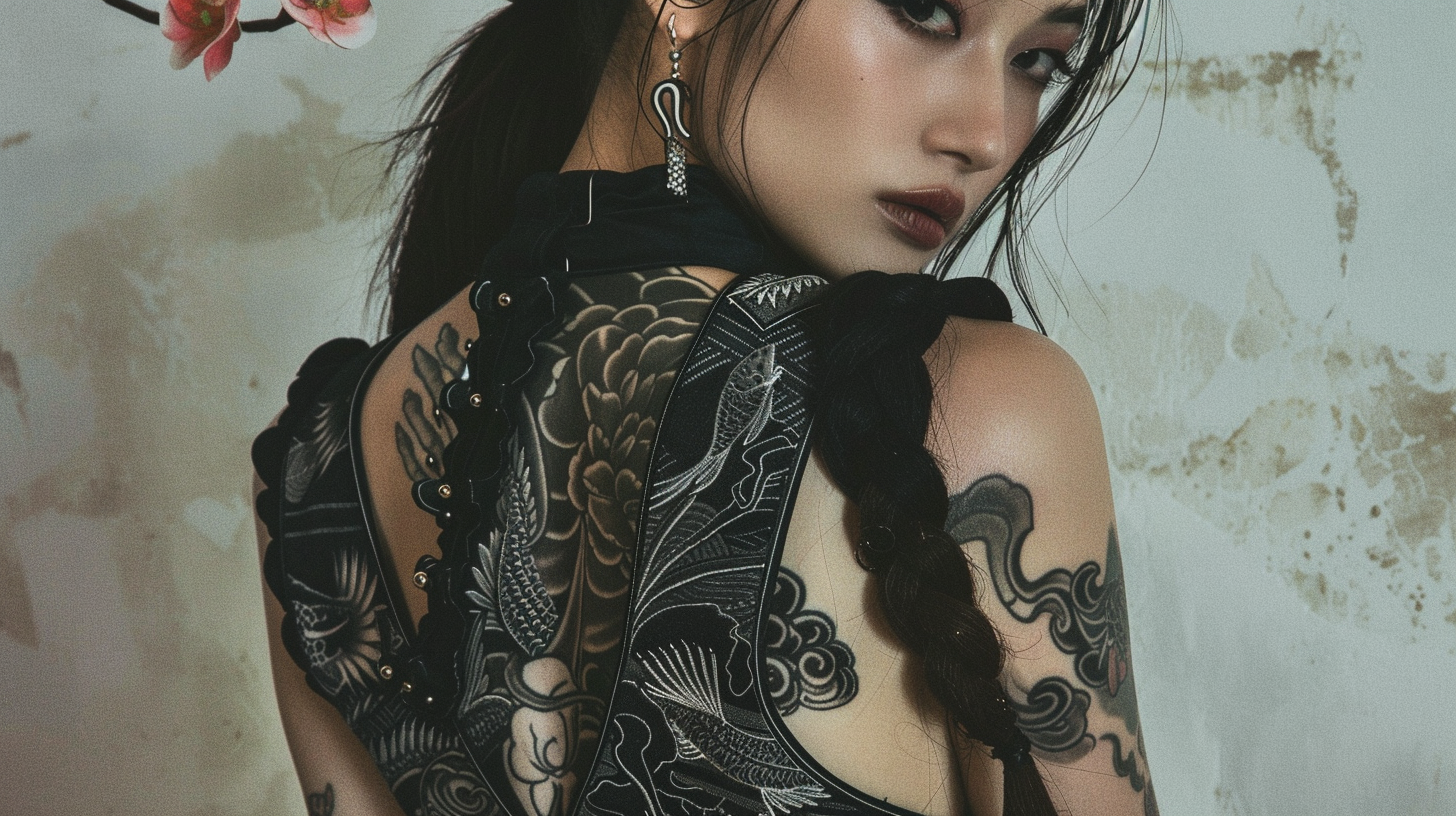 Black and Grey Japanese Tattoos with a woman standing in front of a wall with a back tattoo in black and white