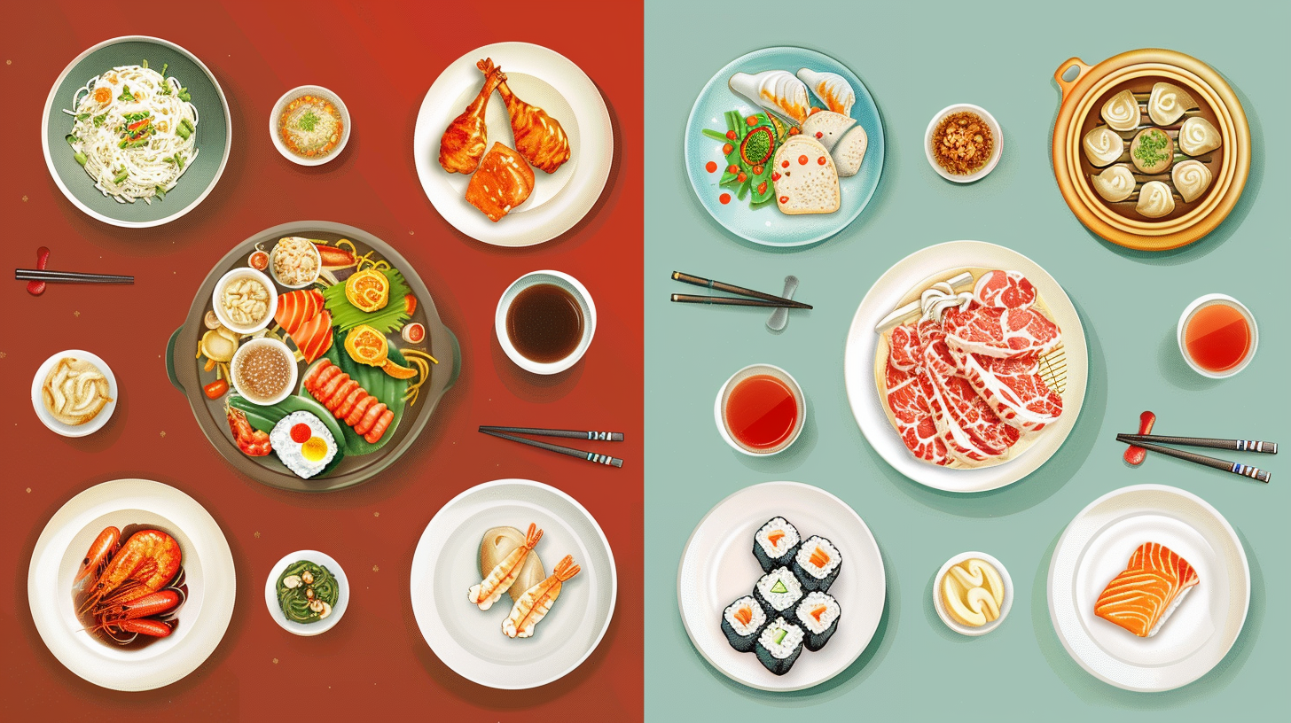 Chinese vs Japanese Food with a picture of two different dishes with sushi and chickens
