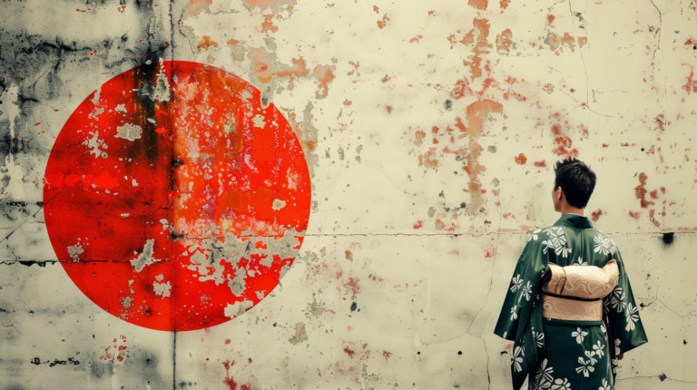 Flag Tokyo with a man standing in front of a wall