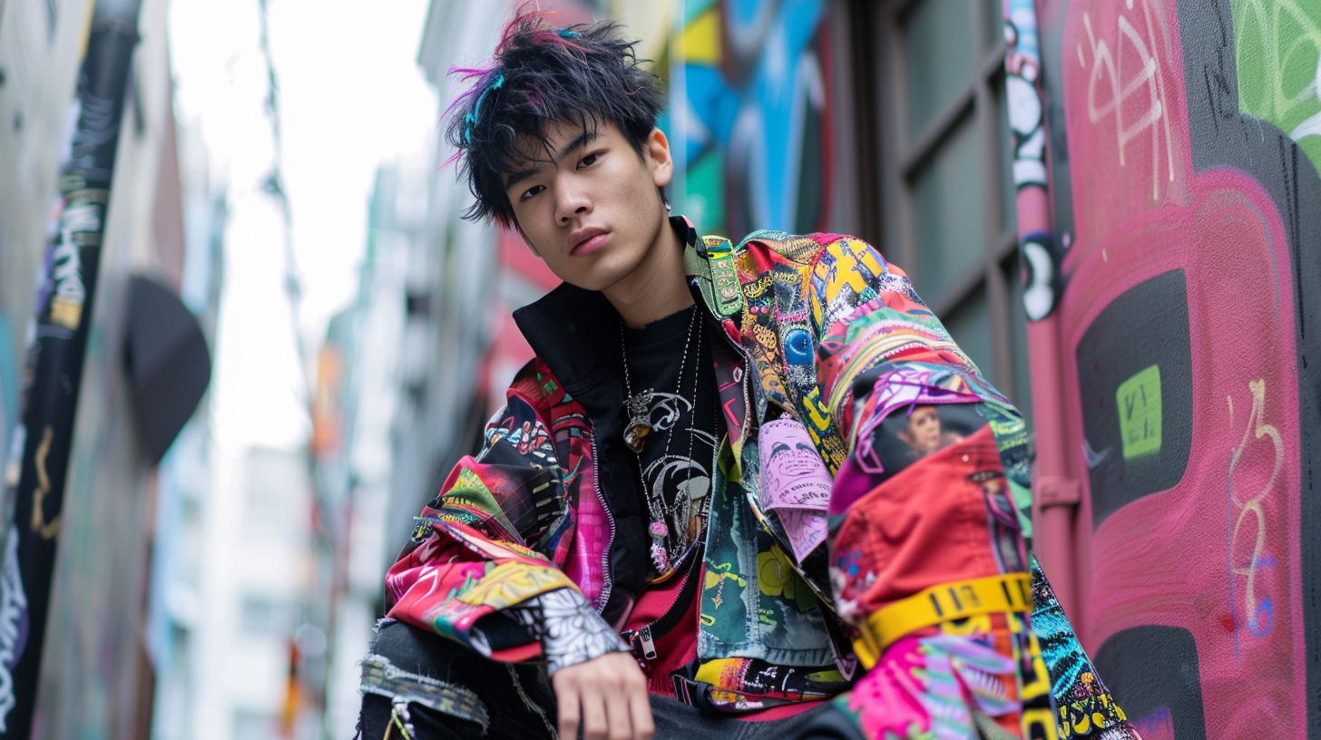 Harajuku Male Fashion with a man wearing tech clothes in an urban setting