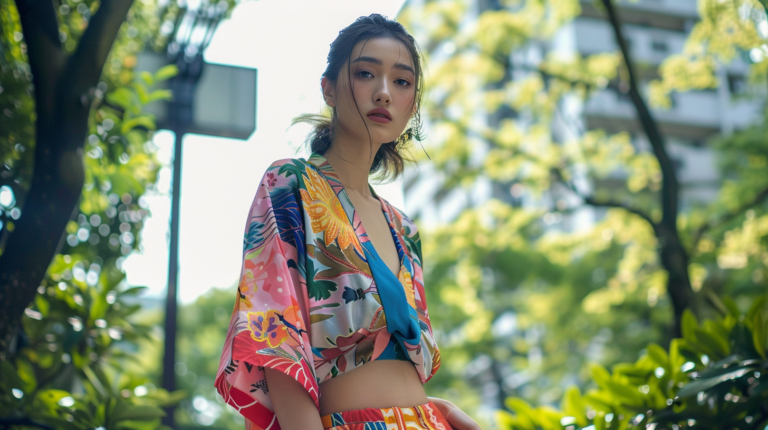 Japan Summer Outfit with a woman in colorful clothes standing in a park