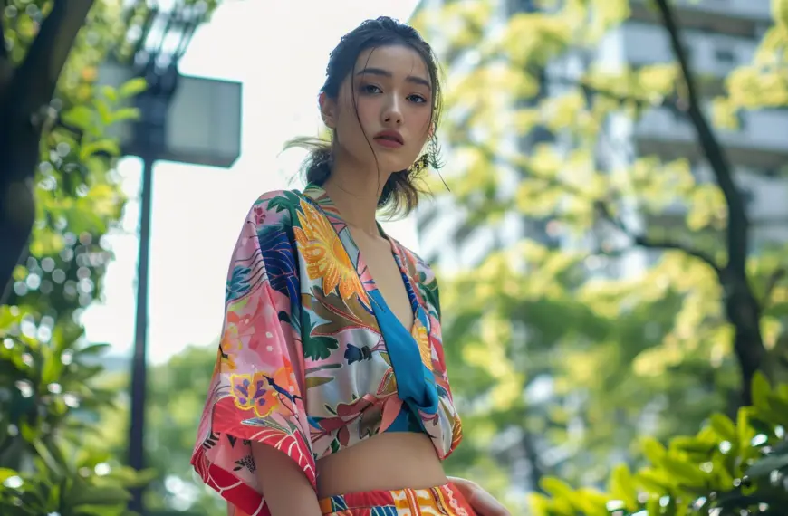 Japan Summer Outfit with a woman in colorful clothes standing in a park
