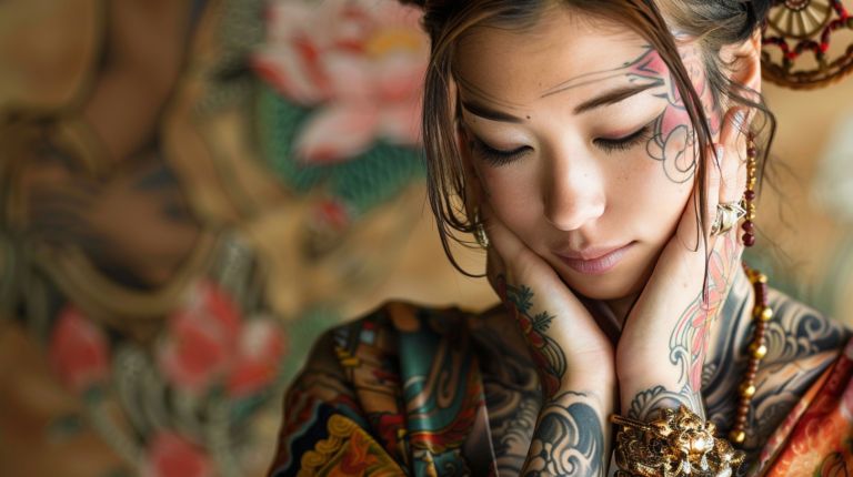 Japanese Buddhist Tattoos with a woman in a traditional dress with her hands tattoot