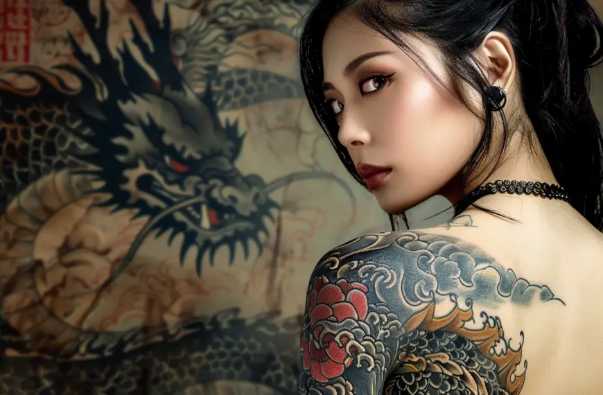Japanese Dragon Tattoos with a woman stand in front of a wall with a dragon showing her shoulder tattoo