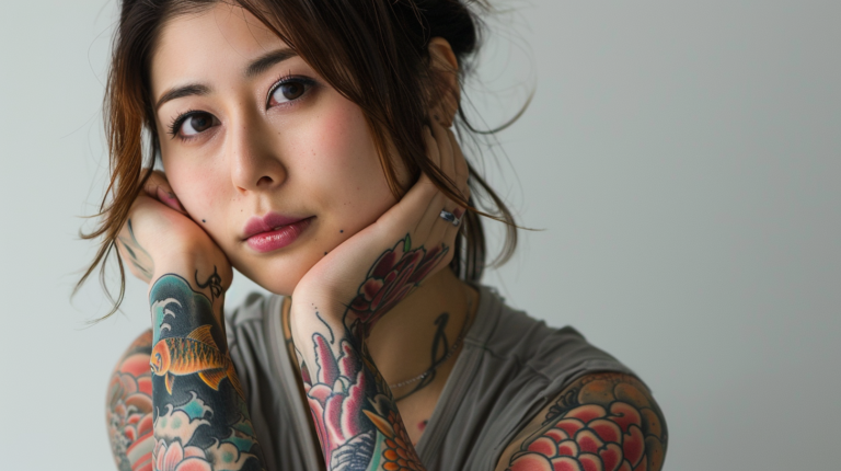 Japanese Forearm Tattoos with a woman showing her forearm tattoos in front of a wall