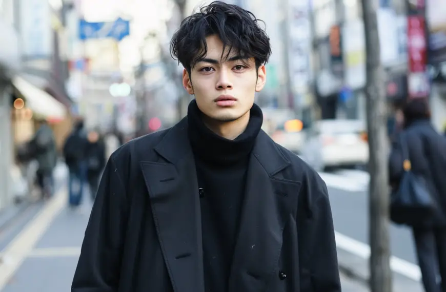Japanese Men's Fashion with a man on the street with a black coat and black overall
